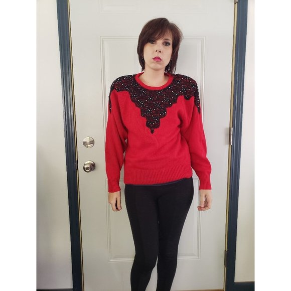 80s Red with Black Lace Sweater - Picture 1 of 5